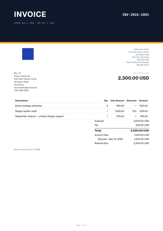 Banner-Led ready-made invoice template with fictional sample data