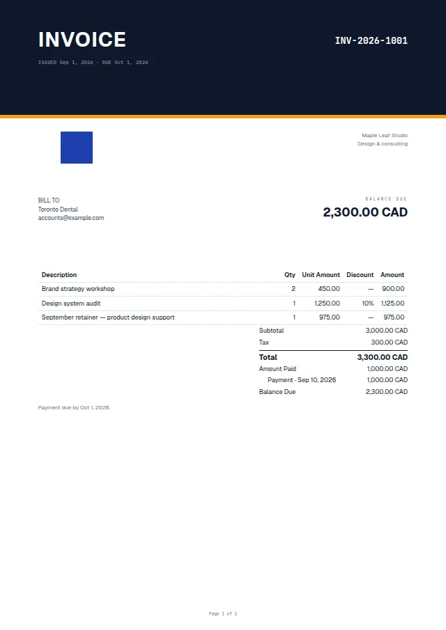 Banner-Led ready-made invoice template with fictional sample data