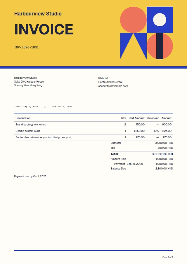 Colour Block ready-made invoice template with fictional sample data