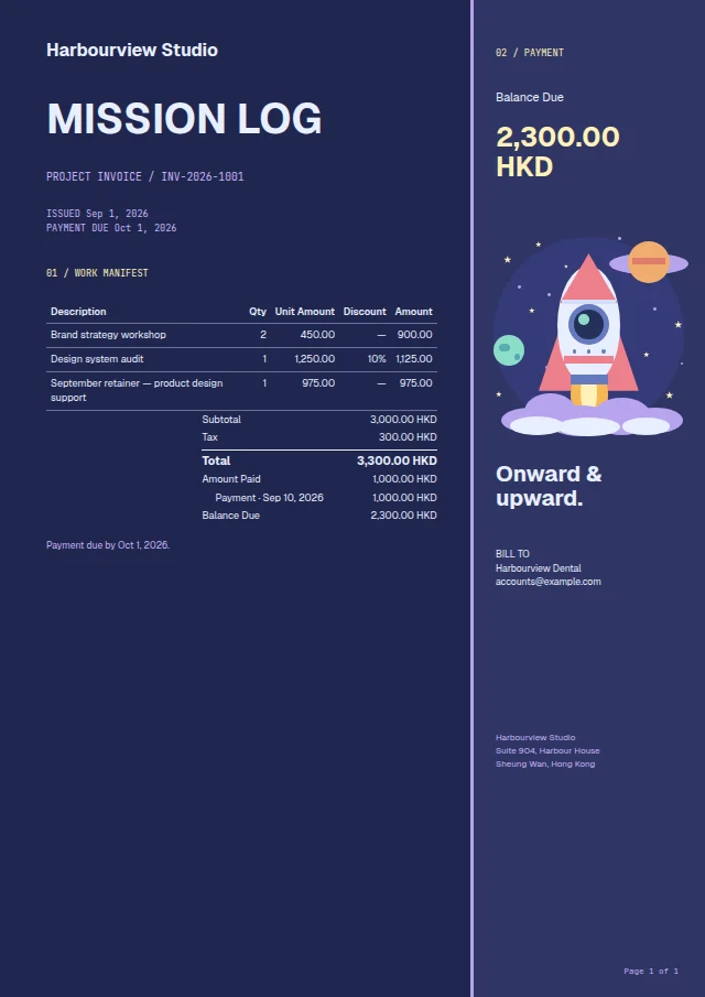 Cosmic Launch ready-made invoice template with fictional sample data