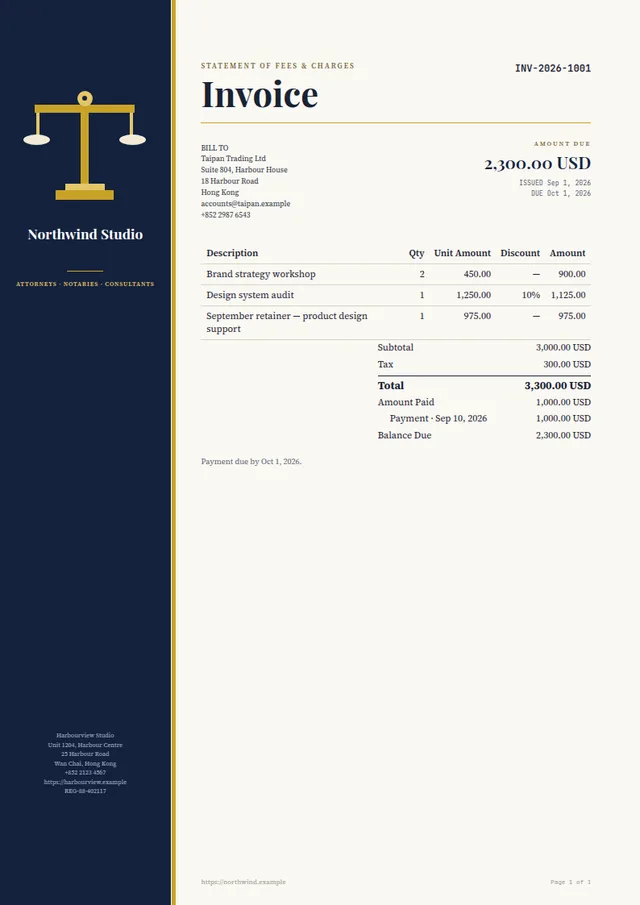 Counsel & Chambers ready-made invoice template with fictional sample data