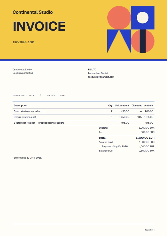 Colour Block ready-made invoice template with fictional sample data