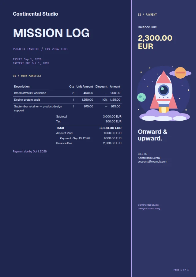 Cosmic Launch ready-made invoice template with fictional sample data