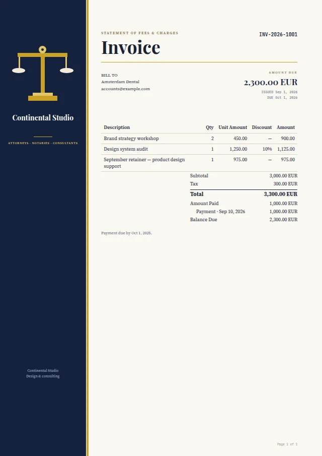 Counsel & Chambers ready-made invoice template with fictional sample data