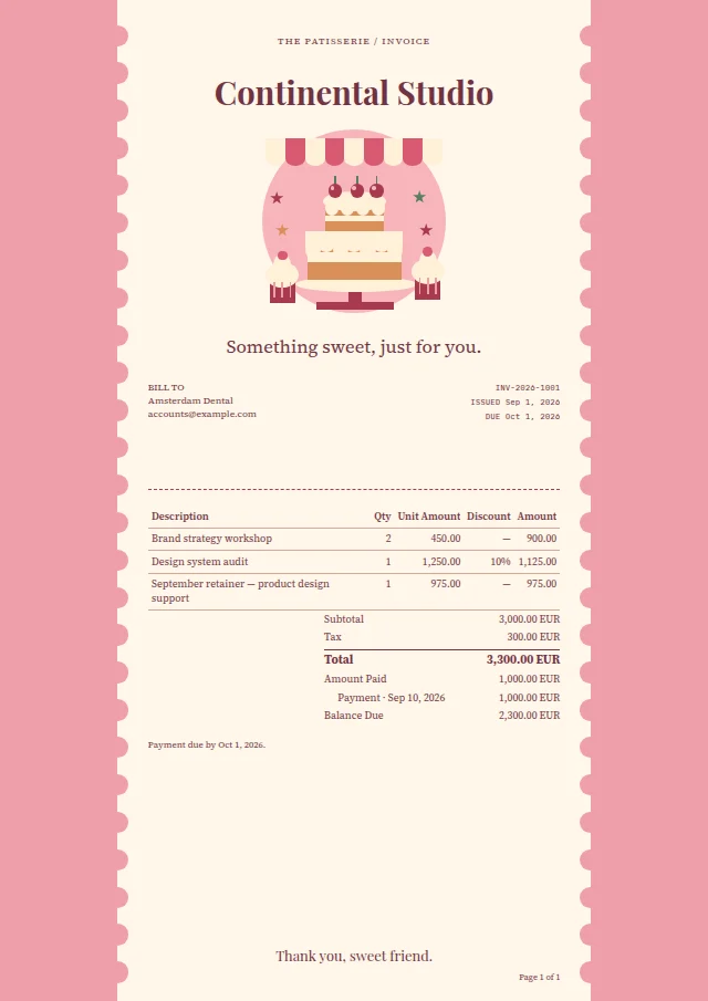 Sugar & Spice ready-made invoice template with fictional sample data