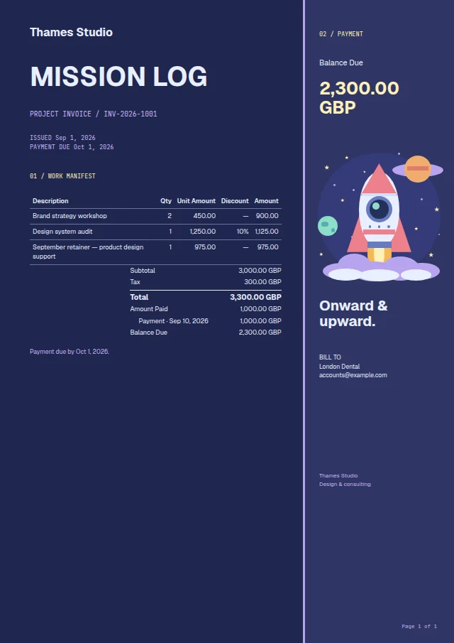 Cosmic Launch ready-made invoice template with fictional sample data
