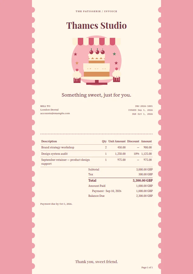 Sugar & Spice ready-made invoice template with fictional sample data