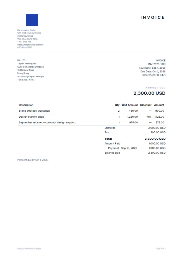 Modern Minimal app starter template with sample invoice data