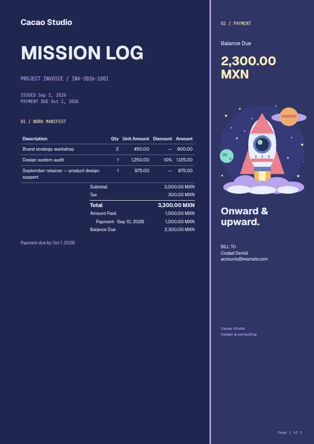 Cosmic Launch ready-made invoice template with fictional sample data