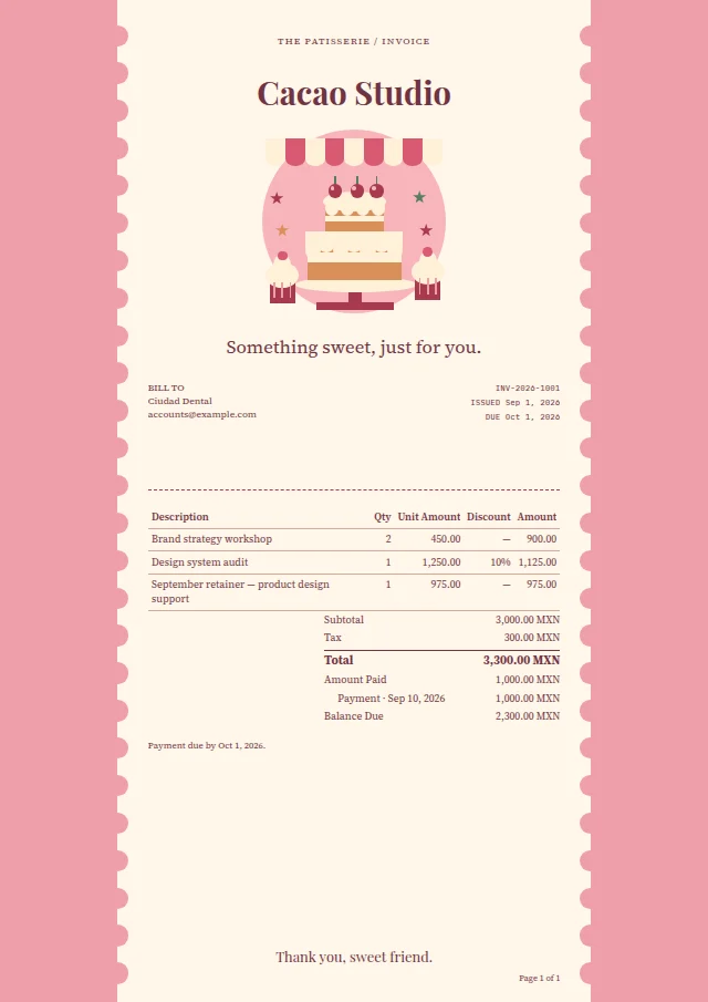 Sugar & Spice ready-made invoice template with fictional sample data