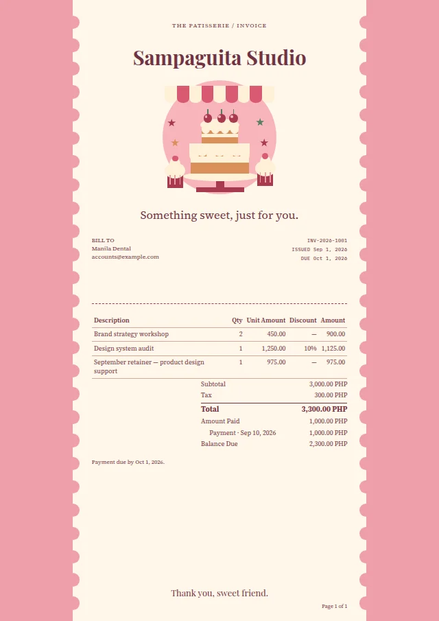 Sugar & Spice ready-made invoice template with fictional sample data