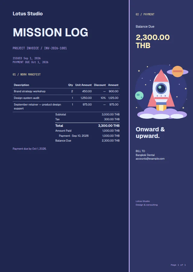 Cosmic Launch ready-made invoice template with fictional sample data