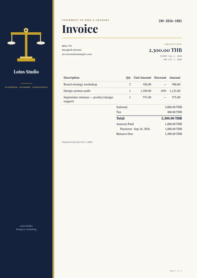 Counsel & Chambers ready-made invoice template with fictional sample data