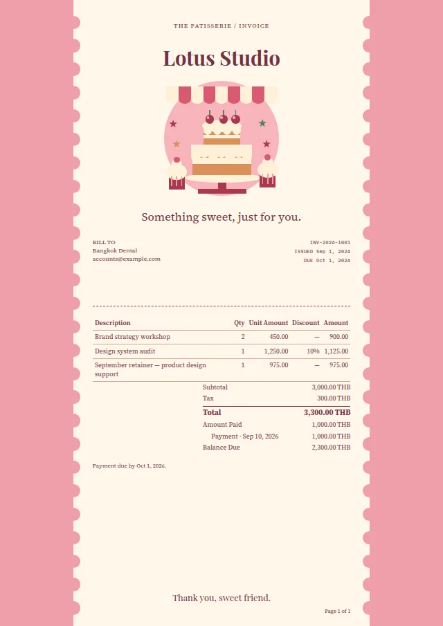 Sugar & Spice ready-made invoice template with fictional sample data