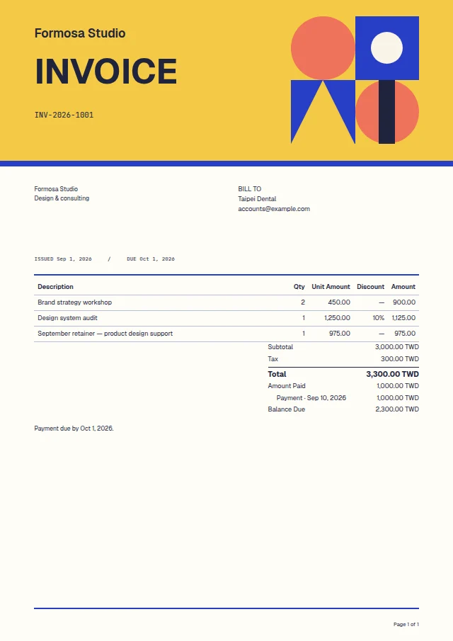 Colour Block ready-made invoice template with fictional sample data