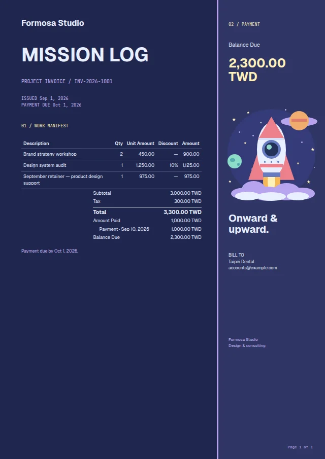 Cosmic Launch ready-made invoice template with fictional sample data
