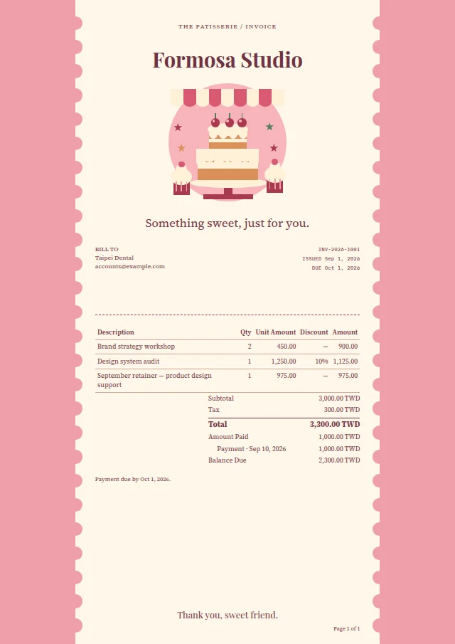 Sugar & Spice ready-made invoice template with fictional sample data